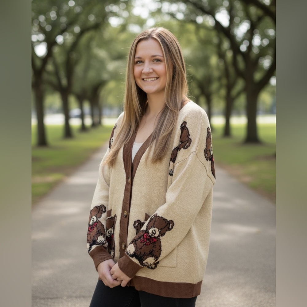 Beary Cute Teddy Bear Cardigan with Brown Accents